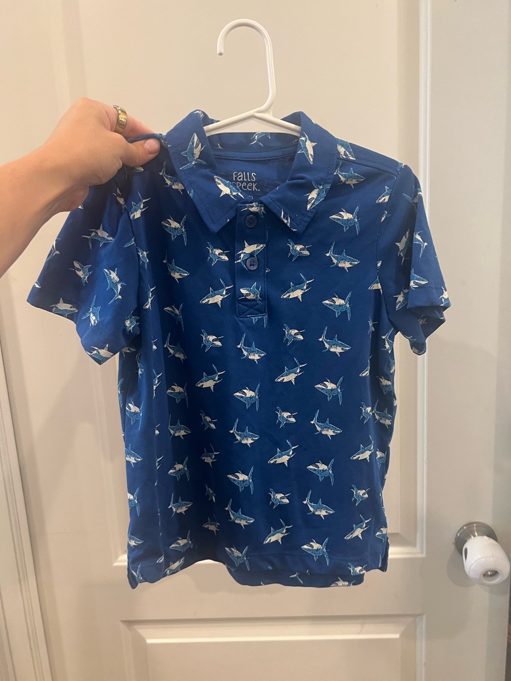 NWOT Falls Creek Navy Blue Shark-Print Polo | Boys XS (5)